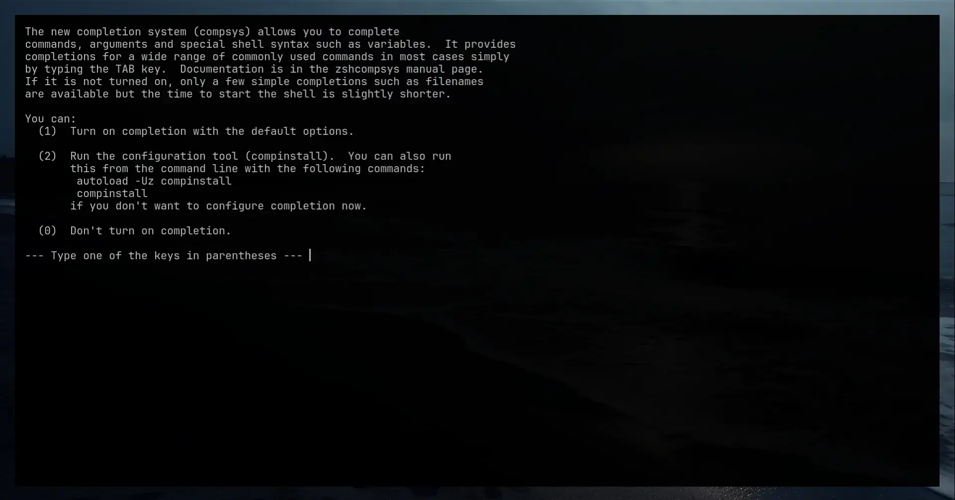 Autocompletions screen zsh shell